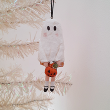 Load image into Gallery viewer, A vintage style, spun cotton ghost girl ornament hanging on a tree. Pic 3 of 8.