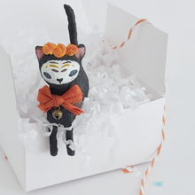 Load image into Gallery viewer, A vintage style spun cotton Day of the Dead black cat in a white gift box. Pic 5 of 9.