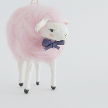 Load image into Gallery viewer, A close up of the face of a needle felted cotton candy pink sheep ornament. Pic 4 of 8.