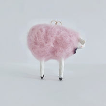 Load image into Gallery viewer, A side view of a needle felted cotton candy pink sheep ornament. Pic 5 of 8.