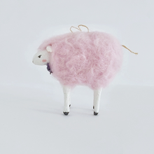Load image into Gallery viewer, Opposite side view of a needle felted cotton candy pink sheep ornament. Pic 7 of 8.
