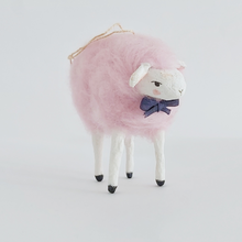 Load image into Gallery viewer, Another front view of a needle felted cotton candy pink sheep ornament. Pic 6 of 8.