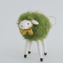 Load image into Gallery viewer, A vintage style needle felted green sheep ornament against a white background. Pic 1 of 7.