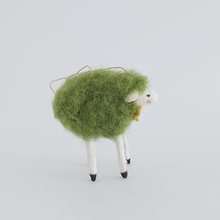 Load image into Gallery viewer, A side view of the green needle felted sheep ornament, against a white background. Pic 6 of 7.