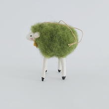Load image into Gallery viewer, Opposite side view of the green needle felted sheep ornament, against a white background. Pic 7 of 7.