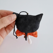 Load image into Gallery viewer, A back view of a vintage style, spun cotton black cat ornament. Pic 5 of 6.