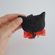 Load image into Gallery viewer, The back view of a vintage style, spun cotton black cat ornament. Pic 6 of 7.