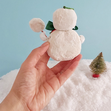 Load image into Gallery viewer, A back view of a vintage style spun cotton candy man Christmas ornament, held against a light blue background over fake snow. Pic 8 of 8.