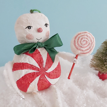 Load image into Gallery viewer, A close-up of a vintage style spun cotton candy man christmas ornament. Pic 1 of 8.