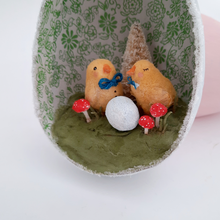 Load image into Gallery viewer, Another close view of a vintage style, spun cotton chicks diorama. Pic 4 of 7.