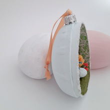 Load image into Gallery viewer, A side view of a vintage style, spun cotton chicks diorama. Pic 6 of 7.