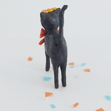 Load image into Gallery viewer, The back view of a vintage style, spun cotton Day of the Dead black cat against a white background. Pic 7 of 9.