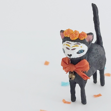 Load image into Gallery viewer, Another front view of a vintage style, spun cotton Day of the Dead black cat, against a white background. Pic 4 of 9.