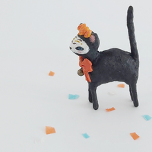 Load image into Gallery viewer, Side view of a vintage style spun cotton Day of the Dead black cat, against a white background. Pic 6 of 9.
