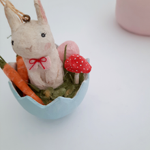 Load image into Gallery viewer, Another close-up of a vintage style, spun cotton Easter bunny ornament. Pic 4 of 8.