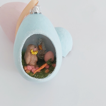 Load image into Gallery viewer, A photo of a vintage style spun cotton Easter bunny diorama ornament against a white background. Pic 7 of 8.