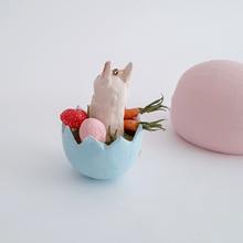 Load image into Gallery viewer, The back view of a vintage style, spun cotton Easter bunny ornament. Pic 6 of 8.
