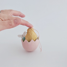 Load image into Gallery viewer, A back view of a vintage style, spun cotton Easter chick egg ornament, against a white background. Pic 6 of 7.