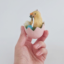 Load image into Gallery viewer, An opposite side view of a vintage style, spun cotton Easter chick egg ornament. Pic 7 of 7.