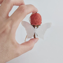 Load image into Gallery viewer, Back view of vintage style spun cotton ginger butterfly girl ornament, held in hand against white background. Pic 7 of 7.