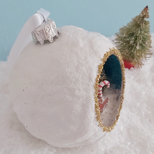 Load image into Gallery viewer, A closer view of the top of a vintage style spun cotton gingerbread house diorama ornament. Pic 6 of 6.