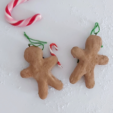 Load image into Gallery viewer, The back of two vintage style, spun cotton gingerbread man ornaments against a white background. Pic 7 of 8. 
