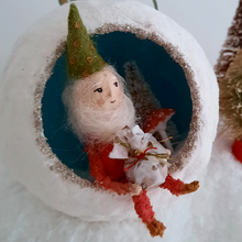 Load image into Gallery viewer, A close up of a vintage style, spun cotton gnome. Pic 2 of 5.