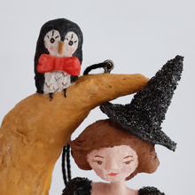 Load image into Gallery viewer, A close-up of a vintage style spun cotton owl sitting on a moon. Pic 5 of 8.