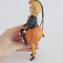 Load image into Gallery viewer, Side view of vintage style spun cotton pumpkin girl ornament. Pic 5 of 9.