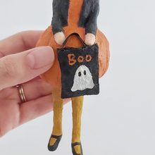 Load image into Gallery viewer, Close up of ghost trick-or-treat bag held by spun cotton pumpkin girl. Pic 4 of 9.