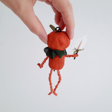 Load image into Gallery viewer, A back view of a vintage style, spun cotton pumpkin man ornament. Pic 6 of 8.