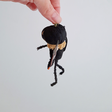 Load image into Gallery viewer, An opposite side view of a vintage style, spun cotton black pumpkin man ornament. Pic 7 of 7.