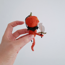 Load image into Gallery viewer, An opposite side view of a vintage style, spun cotton pumpkin man ornament. Pic 8 of 8.