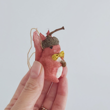 Cargar imagen en el visor de la galería, A vintage style spun cotton red squirrel ornament, held in hand against a white background. Pic 1 of 9.