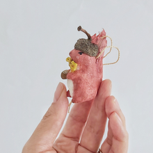 Cargar imagen en el visor de la galería, Another side view of a vintage style spun cotton red squirrel, held in hand against a white background. Pic 7 of 9.