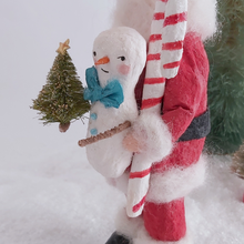 Load image into Gallery viewer, Another close-up of a vintage style snowman held by a spun cotton Santa. Pic 6 of 9. 

