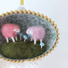 Load image into Gallery viewer, A close-up of a vintage style spun cotton sheep diorama egg ornament hanging on a white tree. Pic 4 of 6.