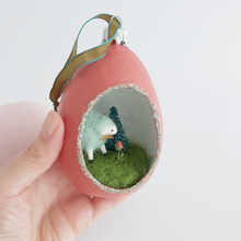 Load image into Gallery viewer, Another view of the inside of a vintage style spun cotton sheep diorama ornament. Pic 6 of 6.