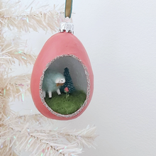 Load image into Gallery viewer, A vintage style spun cotton sheep diorama ornament hanging from a white tree. Pic 2 of 6.