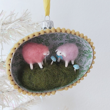 Load image into Gallery viewer, A vintage style spun cotton sheep diorama ornament hanging from a white tree. Pic 2 of 6.