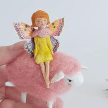 Load image into Gallery viewer, A close up photo of the vintage style, spun cotton fairy, against a white background. Pic 3 of 7.