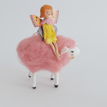 Load image into Gallery viewer, A side view of the vintage style, spun cotton sheep and fairy against a white background. Pic 6 of 7.