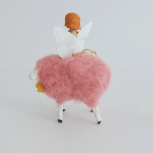 Load image into Gallery viewer, Another side view of the vintage style, spun cotton sheep and fairy against a white background. Pic 7 of 7.