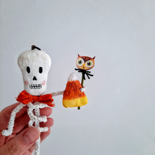 Load image into Gallery viewer, A close-up of a vintage style, spun cotton pipe cleaner skeleton against a white background. Pic 2 of 5.