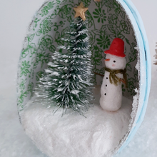 Load image into Gallery viewer, A close-up view of a vintage style, spun cotton snowman and bottlebrush tree. Pic 3 of 6.