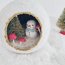 Load image into Gallery viewer, A close-up view of a vintage style spun cotton snowman diorama, with bottle brush tree and spun cotton red mushrooms. Pic 4 of 6. 
