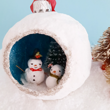 Load image into Gallery viewer, A close view of a vintage style, spun cotton snowmen diorama against a light blue background. Pic 1 of 5.
