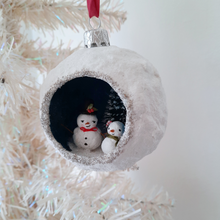 Load image into Gallery viewer, A diorama ornament of vintage style, spun cotton snowmen hanging from a white Christmas tree. Pic 4 of 5.