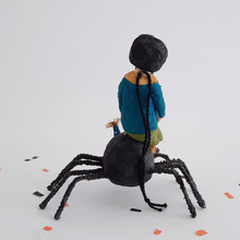 Load image into Gallery viewer, The back view of a vintage style, spun cotton girl sitting on the back of a spun cotton spider. Pic 9 of 10.