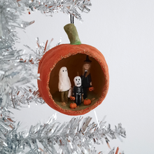 Load image into Gallery viewer, A vintage style, spun cotton trick-or-treaters ornament hanging from a silver tree. Pic 4 of 7.